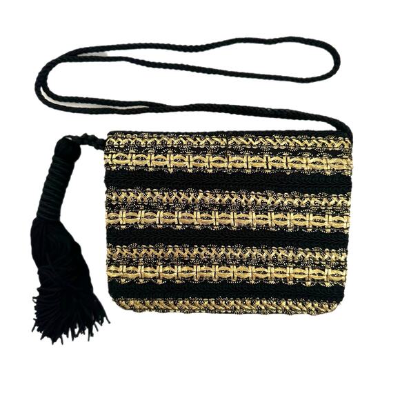 Small Black Velvet and Gold Brocade Crossbody Purse with Tassel Never Used New - Picture 1 of 8